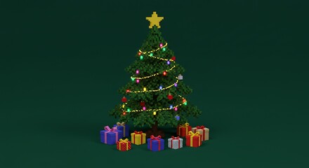 Pixel art of a Christmas tree with presents around it, retro style, simple background
