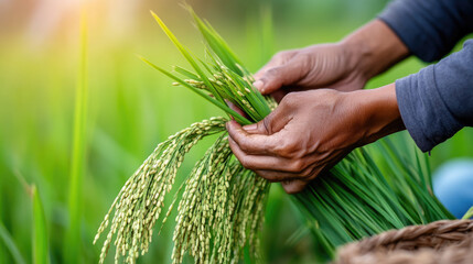 Close-up of weathered hands gripping traditional sickle, cutting golden rice stalks in verdant paddy, showcasing generational agricultural labor and cultural farming practices