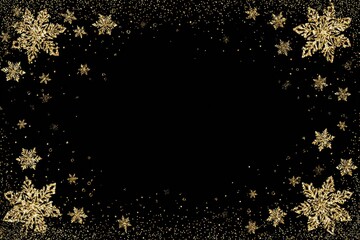 Fototapeta premium Elegantly Falling Gold Snowflakes on Deep Black Canvas â€“ A Shiny Christmas Frame for Holiday Celebrations and Special Offers