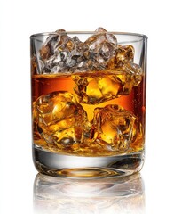 Golden amber liquid in a rocks glass, ice cubes