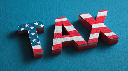 USA Tax Time: American Flag Themed TAX Letters on a Light Blue Surface