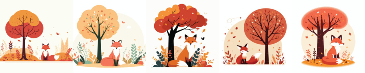 Trees in autumn. Vector, illustration, icon set