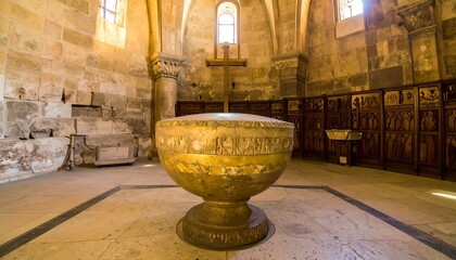 A gilded baptismal font, ornate and historic, stands in a serene stone church.