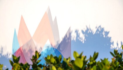 Translucent, colorful triangles create a mountain range silhouette against a backdrop of foliage shadows.
