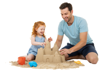 Joyful father and his little daughter having fun building a sandcastle together on a transparent background