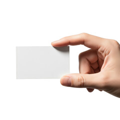 Obraz premium Hand holding blank white business card for contact information exchange and networking transparent background