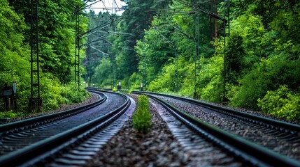 Fototapeta premium Two Railway Tracks Meandering Through a Lush Green Forest Towards the Horizon