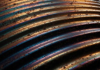 Abstract macro view of a textured, weathered metal surface with iridescent colors and parallel grooves, creating a unique pattern