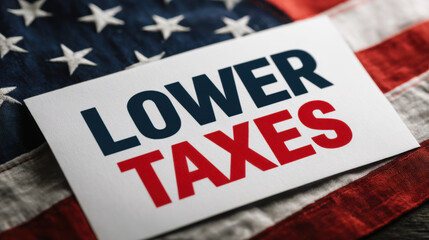 Lower Taxes Message on American Flag Background - Policy Concept