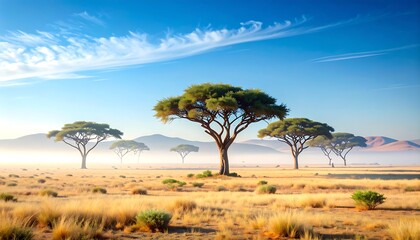 Sunny African Savanna Landscape with Majestic Trees.