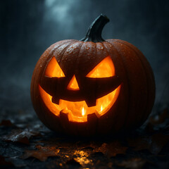 Close-up of a carved Halloween pumpkin glowing from within, showcasing detailed texture and an eerie grin, perfect for spooky themes.