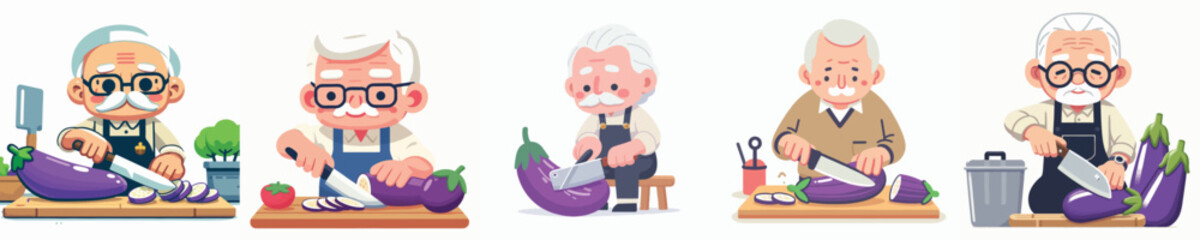 vector of grandfather slicing eggplant