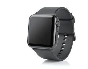 Black Apple Watch with Silicone Band, Isolated on White Background.