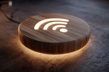 Illuminated wooden wi fi symbol device emitting warm ambient light on a textured surface