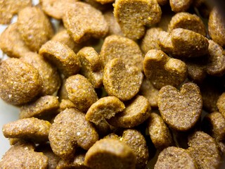detailed view of heart-shaped pet food kibble, highlighting its shape and texture.