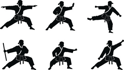 Martial artist silhouette vector set, karate fighter practicing stances, kicks, punches and weapon combat, martial arts training icons
