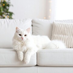 Fluffy white cat on white couch in a cozy living room