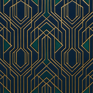 Fototapeta Elegant art deco geometric pattern with gold lines on deep teal background evoking sophistication and vintage glamour