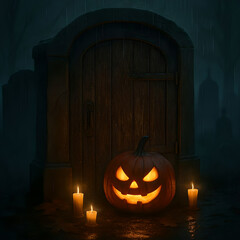Spooky Halloween scene featuring a glowing jack-o'-lantern in front of an old wooden door, lit by eerie candlelight in a dark, moody atmosphere.