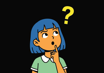 Cartoon girl is thinking with a question mark above her head in doubt