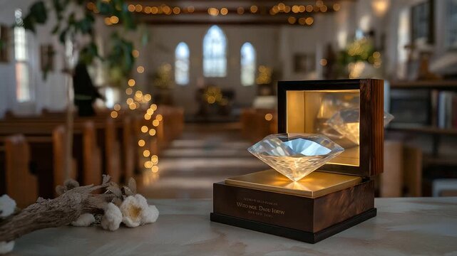 A cremation diamond display with chapel decor and natural light
