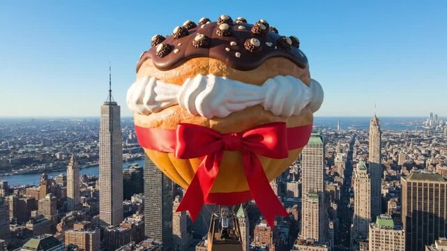 A whimsical giant cream puff balloon with a red ribbon bow gracefully floating high above a sunlit metropolitan cityscape