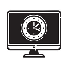 Desktop Monitor with Clock Icon Vector Black and White