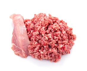 Raw minced pork and meat piece isolated on white.