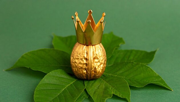Gold crown atop nut on green leaves
