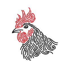 Hand drawn image of chicken head doodle design. Red and black doodles.
