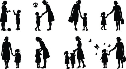 Mother and child silhouette collection, mom with kids vector clipart set, family interaction, parenting, love, care illustrations pack