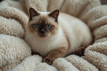 Cozy cat resting on fluffy blanket indoors