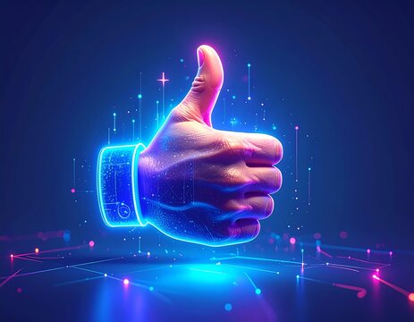 Digital thumb up, glowing vibrant colors