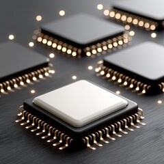 Close-up of AI Chip Cooling System with Illuminated Golden Pins on Dark Background