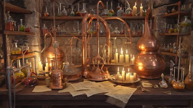 An old alchemy-style laboratory, shelves full of glass bottles, copper distillation apparatus, candlelight, parchment notes, mysterious atmosphere.