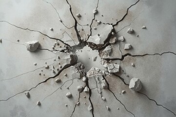 Cracked concrete explosion, studio shot, grey background, destruction concept