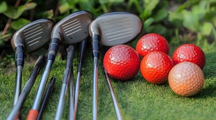 Closeup Golf Clubs and Red Golf Balls on Grass