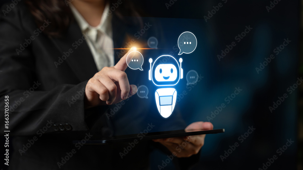 Poster ai chatbot virtual assistant interacting with users through ai conversation bubbles, symbolizing ai 