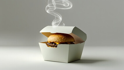 Half-open burger box with rising steam lines illustration, fast food packaging concept isolated on white background for delivery and design use