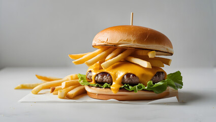 Creative burger with fries stacked inside instead of lettuce, unique fast food concept isolated on white background for delivery and design use