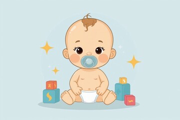 Cute baby boy playing blocks, pastel background, nursery, illustration