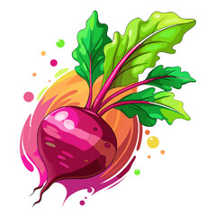 Vibrant illustration of a fresh beetroot with green leaves and colorful abstract elements