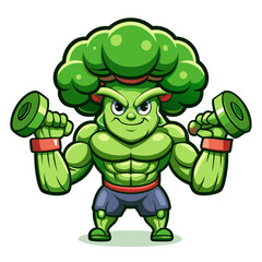 Muscular broccoli character lifting dumbbells with a determined expression
