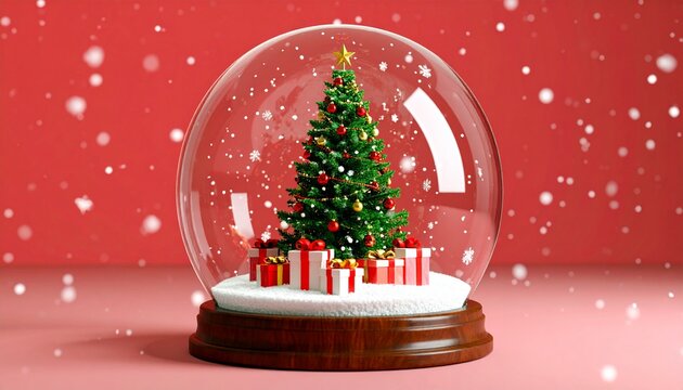 A festive Christmas snow globe with a decorated tree and gift boxes inside, set against a vibrant red background with falling snow
