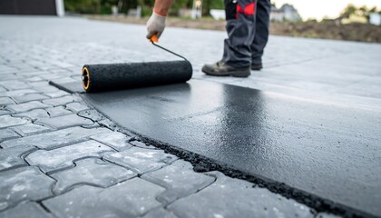 Dark gray sealant being applied to a paved driveway using a roller.