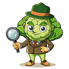 Cartoon cauliflower detective character holding a magnifying glass