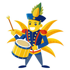 Cartoon drummer in a blue uniform with a corn headdress and yellow feather accents