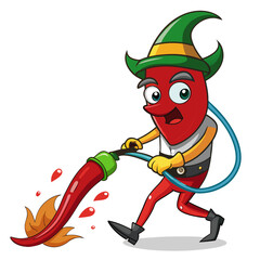 Funny cartoon chili pepper character wearing a hat and holding a hose spraying water
