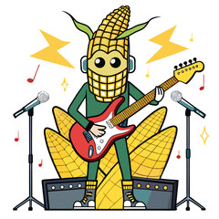 Cartoon corn cob character playing a red electric guitar on stage