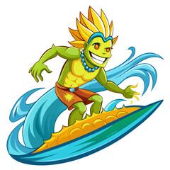 Cartoon green surfer with yellow hair riding a surfboard on a wave